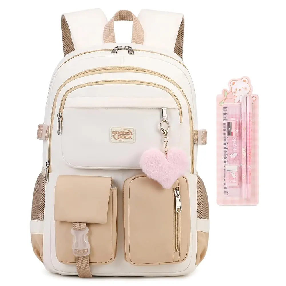 Backpack For School Women College Middle High Teen Girls Student Bookbag Waterproof Laptop Bag Beige Khaki