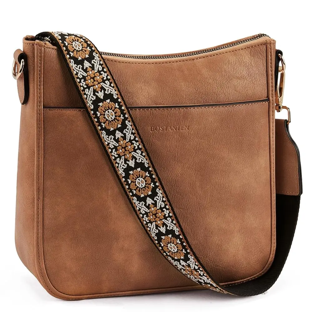 BOSTANTEN Crossbody Bags for Women Trendy Vegan Leather Hobo Purses Shoulder Handbags With Wide Shoulder Strap