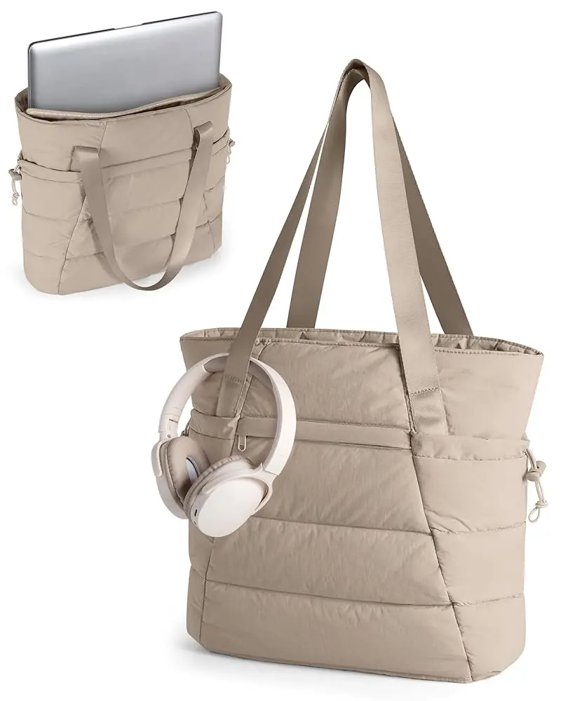 Puffer Tote Bag for Women, Lightweight Tote Bag for Work and School, Khaki
